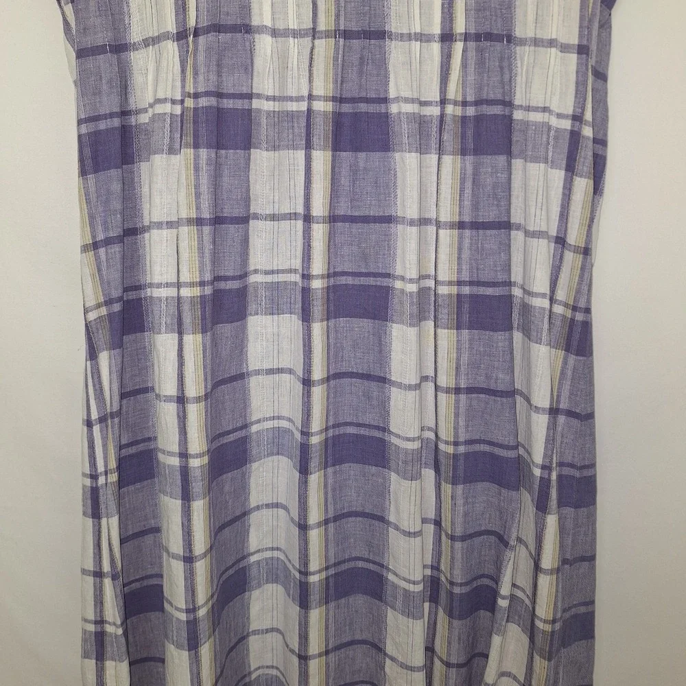 Vintage 90s Periwinkle White Plaid Linen Blend Dress 12 VTG Midi Cottagecore - Picture 4 of 16